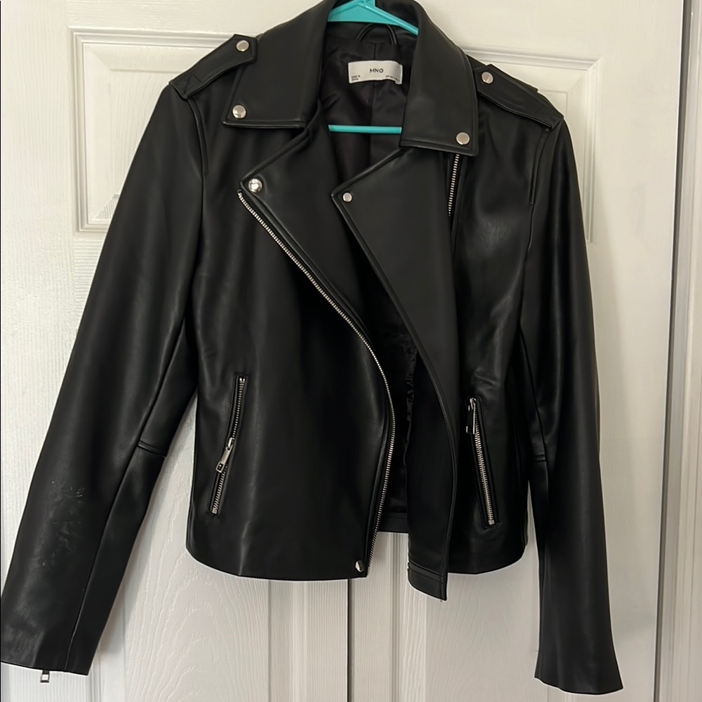 Mango Black Leather Moto Jacket Asymmetrical Zipper